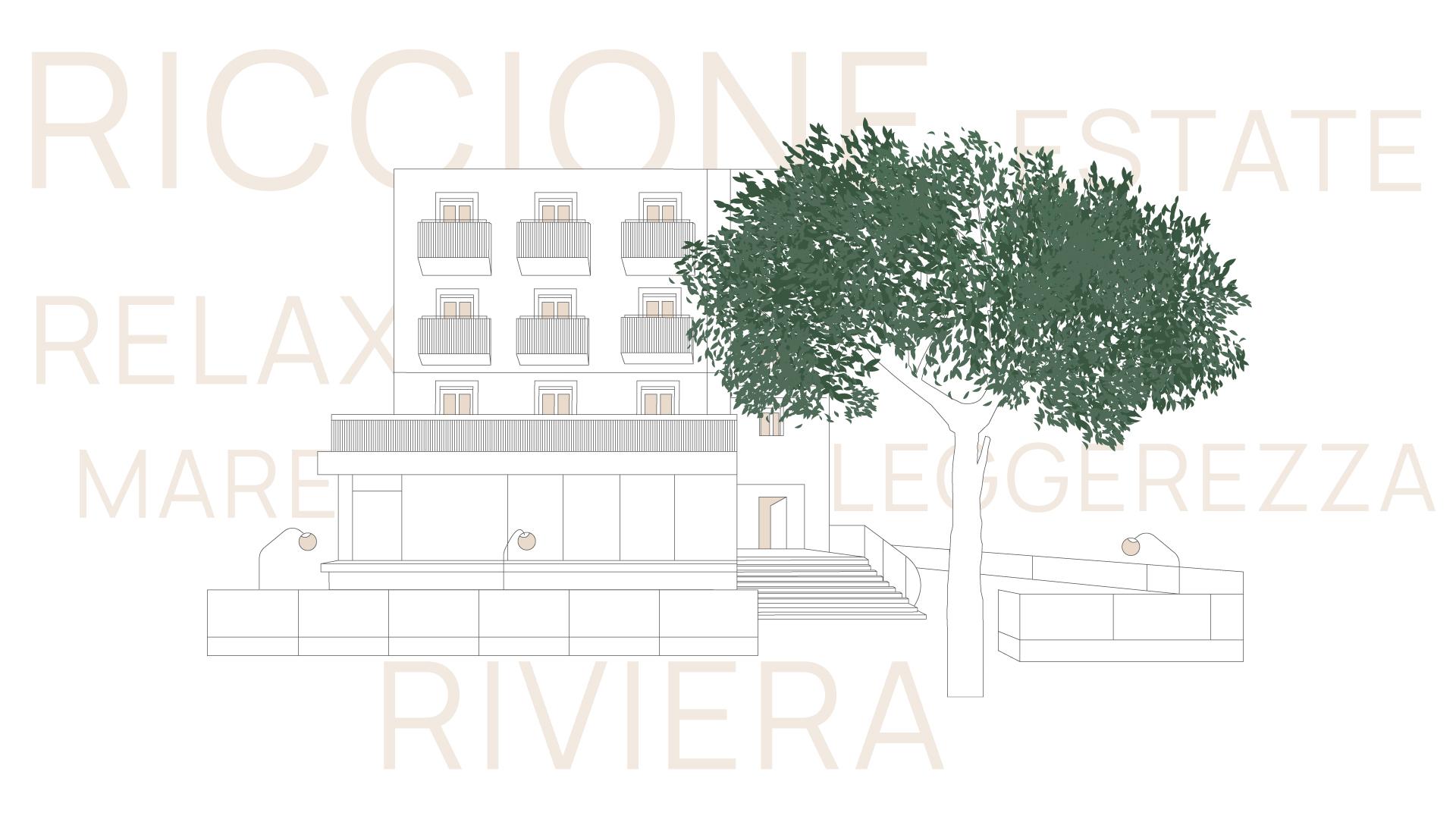 Illustrazione di un hotel a Riccione con parole chiave: estate, relax, mare, leggerezza, riviera.